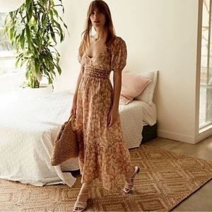 Free People Cream and Tan Puff Sleeve Sundress